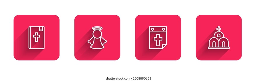 Set line Livro da Bíblia Sagrada, Anjo, morte do Calendário e construção da Igreja com sombra longa. Botão quadrado vermelho. Vetor