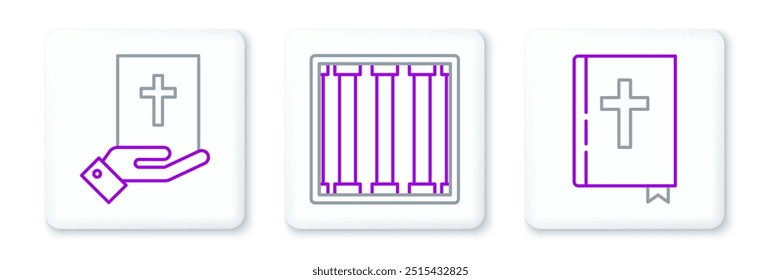 Definir linha Livro da Bíblia Sagrada, Juramento sobre a Bíblia e ícone da janela da prisão. Vetor