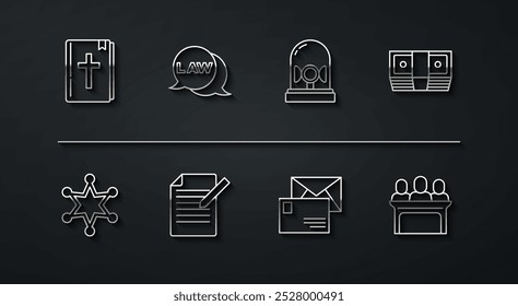 Set line Holy bible book, Hexagram sheriff, Bribe money cash, Envelope, Document and pen, Law, Jurors and Flasher siren icon. Vector