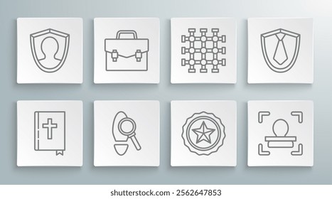 Set line Holy bible book, Briefcase, Magnifying glass with footsteps, Police badge, Face recognition, Prison window, Tie and User protection icon. Vector