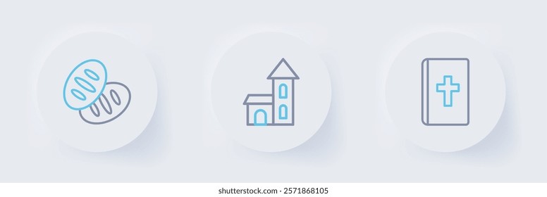 Set line Holy bible book, Church building and Christian bread icon. Vector