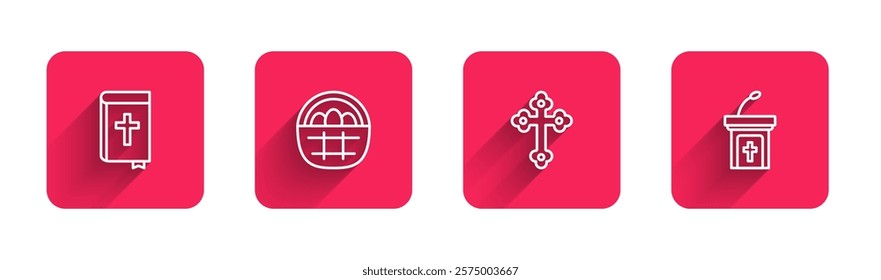 Set line Holy bible book, Basket with easter eggs, Christian cross and Church sermon tribune with long shadow. Red square button. Vector