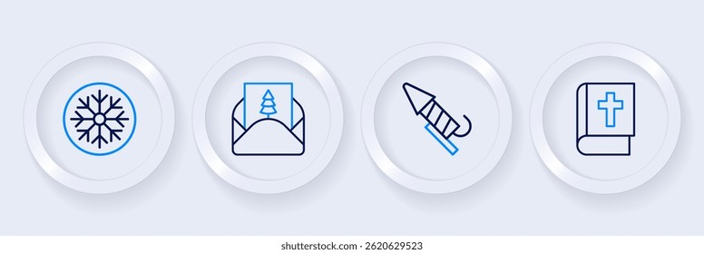 Set line Holy bible book, Firework rocket, Envelope and Snowflake icon. Vector