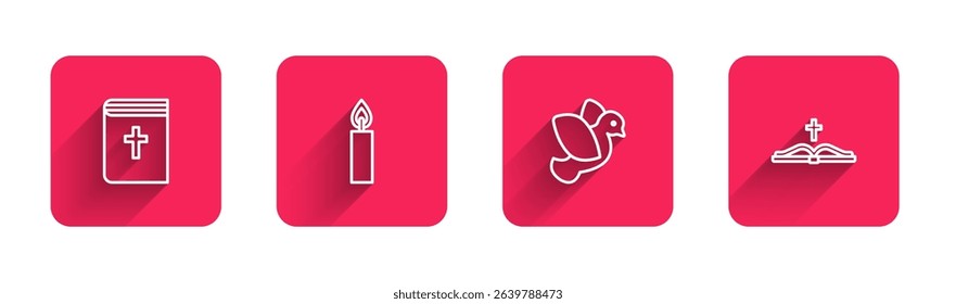 Set line Holy bible book, Burning candle, Dove and  with long shadow. Red square button. Vector