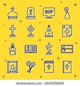 Set line Livro da Bíblia Sagrada, Beat morto no monitor, morte do calendário, Extração de bolha de fala, Grave com cruz, torre da Igreja e ícone do edifício. Vetor