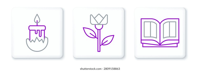 Set line Holy bible book, Burning candle and Flower tulip icon. Vector
