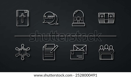 Set line Holy bible book, Hexagram sheriff, Bribe money cash, Envelope, Document and pen, Law, Jurors and Flasher siren icon. Vector