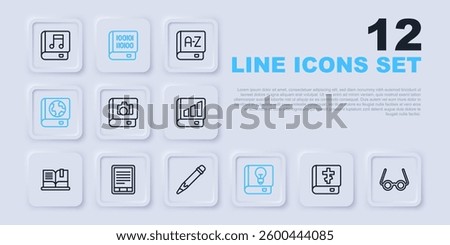 Set line Holy bible book, Glasses, Photo album gallery, User manual, Earth globe and, E-Book reader, Books about programming and Pencil with eraser icon. Vector