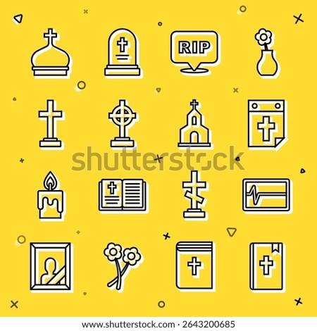 Set line Holy bible book, Beat dead in monitor, Calendar death, Speech bubble rip, Grave with cross, Church tower and building icon. Vector