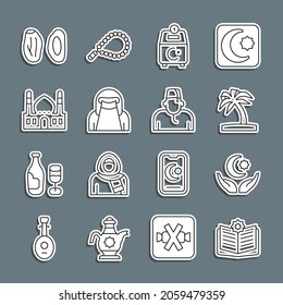 Set line Holy book of Koran, Star and crescent, Tropical palm tree, Donate pay your zakat, Muslim woman in niqab, Mosque, Date fruit and  icon. Vector