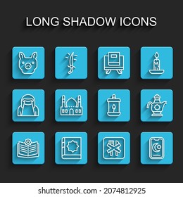 Set line Holy book of Koran, Pig, Ramadan fasting, Star and crescent, Muslim Mosque, Islamic teapot and Kareem lantern icon. Vector