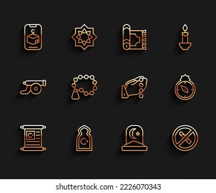 Set line Holy book of Koran, Muslim Mosque, Star and crescent, cemetery, No Smoking, Rosary beads religion, Qibla and Hands praying position icon. Vector