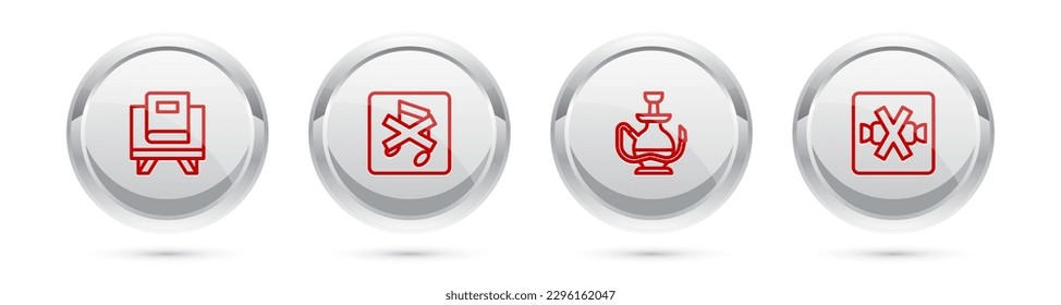 Set line Holy book of Koran, Speaker mute, Hookah and No sweets. Silver circle button. Vector