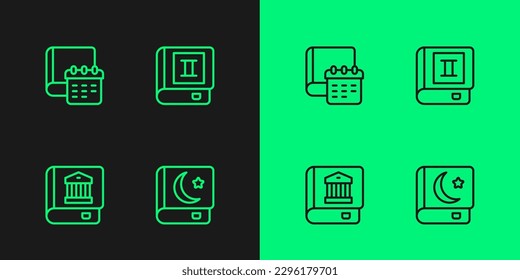 Set line Holy book of Koran, Law, Daily paper notepad and Book icon. Vector