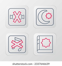 Set line Holy book of Koran, Speaker mute, Star and crescent and No sweets icon. Vector