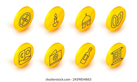 Set line Holy book of Koran, Bottle water, Octagonal star, Ramadan fasting, Date fruit, Muslim Mosque, Burning candle and No Smoking icon. Vector
