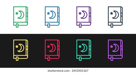 Icono del libro sagrado del Corán aislado sobre fondo blanco y negro. Festividad musulmana, Eid Mubarak, Eid al-fitr, Ramadán Kareem.  Ilustración vectorial
