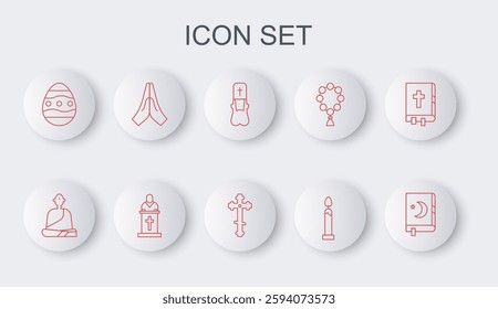 Set line Holy book of Koran, Buddhist monk, Priest, Burning candle, Easter egg, Hands praying position, Church pastor preaching and Christian cross icon. Vector