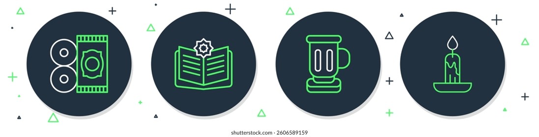 Set line Holy book of Koran, Medieval goblet, Traditional carpet and Burning candle icon. Vector