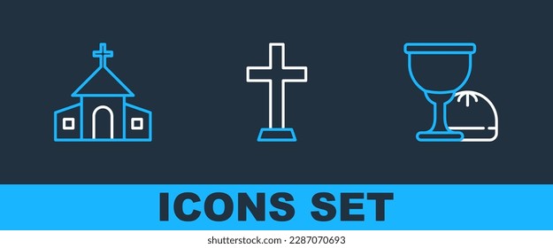 Fijar la línea Santo Grial o cáliz, el edificio de la iglesia y el icono de la cruz cristiana. Vector