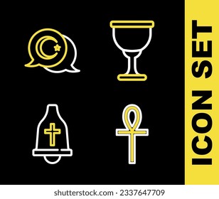 Set line Holy grail or chalice, Cross ankh, Church bell and Star and crescent icon. Vector