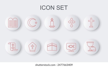 Set line Holy grail or chalice, Decree, paper, parchment, scroll, Burning candle, Christian fish, The commandments, Star crescent, Pope hat and Kaaba mosque icon. Vector