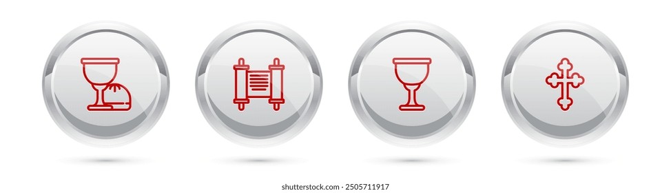 Set line Holy grail or chalice, Decree, paper, parchment, scroll,  and Christian cross. Silver circle button. Vector