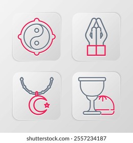 Set line Holy grail or chalice, Star and crescent on chain, Hands praying position and Yin Yang icon. Vector