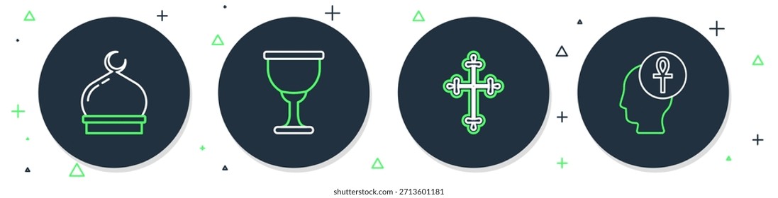 Setzen Sie Linie Heiligen Gral oder Kelch, christliches Kreuz, muslimische Moschee und Kreuz ankh Symbol. Vektorgrafik