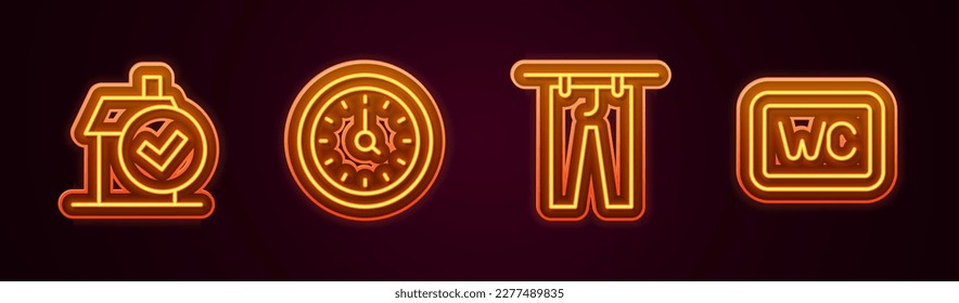 Set line Home cleaning service, Clock, Drying clothes and Toilet. Glowing neon icon. Vector