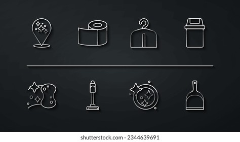 Set line Home cleaning service, Sponge, Trash can, Washing dishes, Vacuum cleaner, Toilet paper roll, Dustpan and Hanger wardrobe icon. Vector