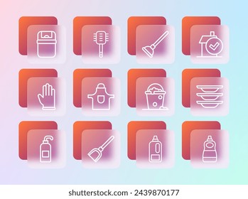 Set line Home cleaning service, Dustpan, Bucket with foam and bubbles, Bottle for detergent, Kitchen apron, Rubber plunger, Trash can and Toilet brush icon. Vector