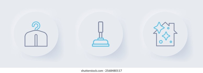 Set line Home cleaning service, Rubber plunger and Hanger wardrobe icon. Vector