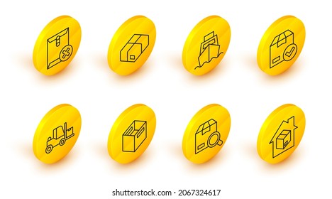 Set line Home delivery services, Search package, Carton cardboard box, Forklift truck, with check mark, Cargo ship boxes,  and Delete envelope icon. Vector