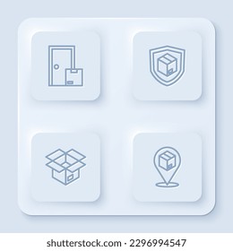 Set-Line-Home-Zustellung, Lieferung der Sicherheit mit Schild, Unboxing und Location-Pappe. Weißer Quadrat-Knopf. Vektorgrafik