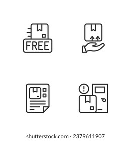 Set line Home delivery services, Waybill, Cardboard box with free symbol and Delivery hand icon. Vector