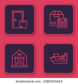 Set line Home delivery services, Warehouse, Cardboard box with calendar and Cargo ship boxes. Blue square button. Vector
