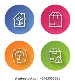 Set line Home Lieferservice, Karton Karton, Lieferpaket mit Regenschirm und Sicherheitsschild. Farbkreis-Button. Vektorgrafik