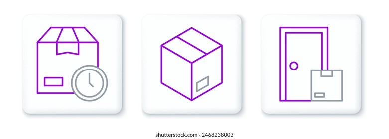 Set line Home delivery services, Cardboard box with clock and Carton cardboard icon. Vector