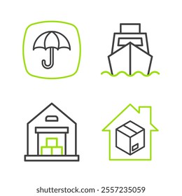 Set line Home delivery services, Warehouse, Cargo ship with boxes and Delivery package umbrella icon. Vector