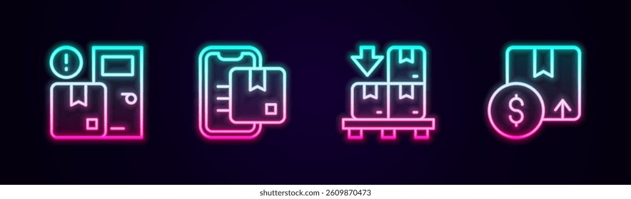Set line Home delivery services, Document tracking marker, Cardboard boxes on pallet and Carton cardboard. Glowing neon icon. Vector