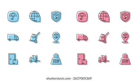 Set line Home delivery services, Forklift truck, Delivery package with umbrella, Weight, Hand and boxes, Location cardboard, cargo and Worldwide shipping icon. Vector