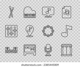 Set line Home stereo, Drum, Musical note, Guitar amplifier, sticks, Location musical, Microphone and tone icon. Vector