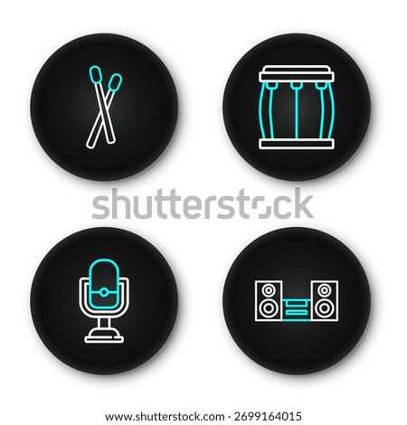 Set line Home stereo, Microphone, Drum and sticks icon. Vector