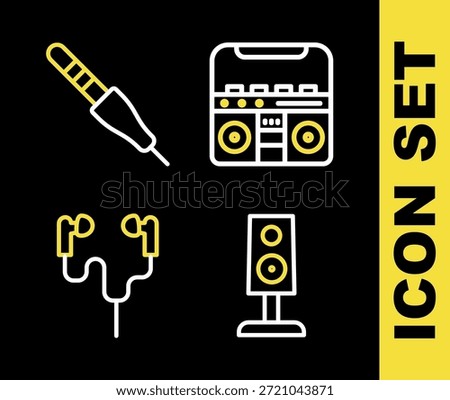 Set line Home stereo with speakers, Stereo, Air headphones and Audio jack icon. Vector