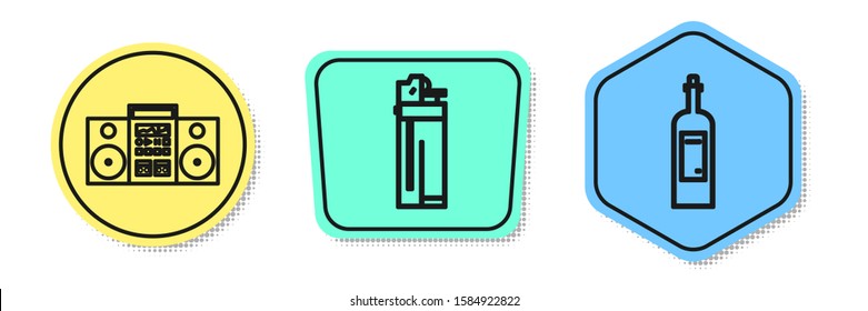 Set line Home stereo with two speakers , Lighter  and Bottle of wine . Colored shapes. Vector