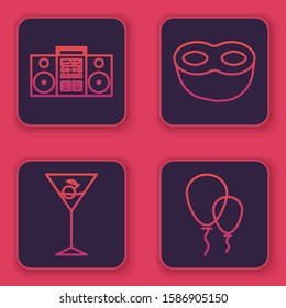 Set line Home stereo with two speakers , Martini glass , Festive mask  and Balloons with ribbon . Blue square button. Vector