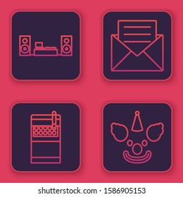 Set line Home stereo with two speakers , Open cigarettes pack box , Envelope with invitation card  and Clown head . Blue square button. Vector
