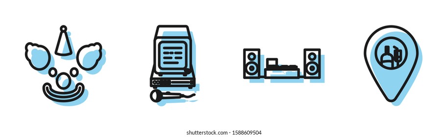 Set line Home stereo with two speakers , Clown head , Karaoke  and Alcohol or beer bar location  icon. Vector