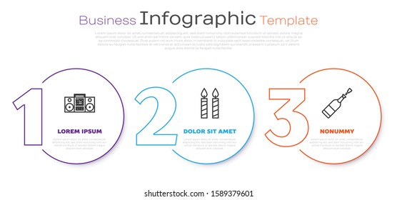 Set line Home stereo with two speakers , Birthday cake candles  and Champagne bottle . Business infographic template. Vector